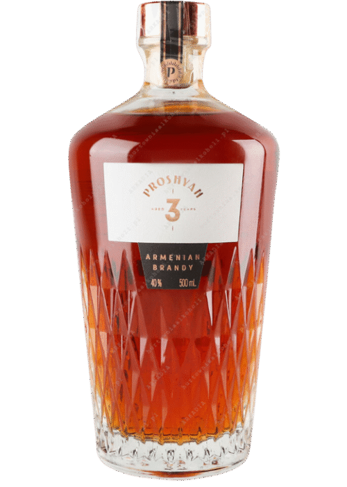 Butelka Brandy Armenian Proshyan 3YO 40% 0,5L – ormiańska brandy z regionu Ararat o korzennym, owocowym i ziołowym aromacie oraz delikatnym, gładkim i łagodnym smaku