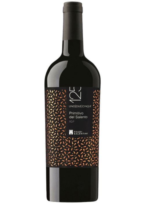 Butelka Feudi Salentini 125 Primitivo del Salento 0,75L – włoskie czerwone wino z regionu Salento o korzennym, wiśniowym i owocowym charakterze.