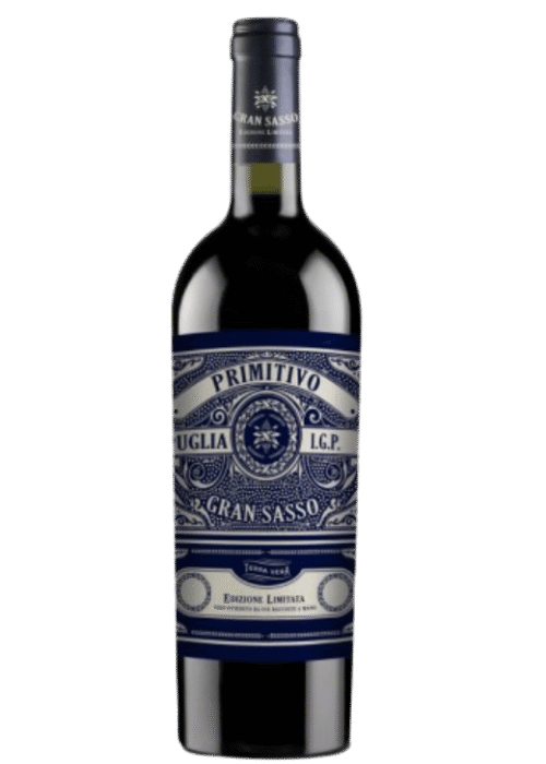 Butelka Gran Sasso Primitivo IGP 0,75L – włoskie czerwone wino z regionu Puglia o korzennym, wiśniowym i owocowym charakterze.