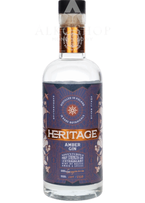 Butelka Heritage Gin Amber 57% 500ml – polski gin z Pomorza o intensywnym aromacie cytrusowym, korzennym i kwiatowym, z wyrazistym smakiem i średnim, korzennym finiszem.