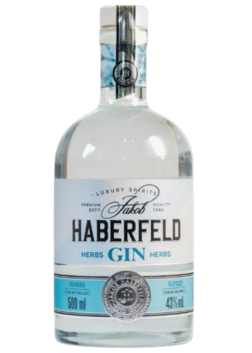 Butelka Jakob Haberfeld Gin Herbs 43% 500ml – niemiecki gin o intensywnym aromacie korzennym i ziołowym, z wyrazistym smakiem i długim, ziołowym finiszem.