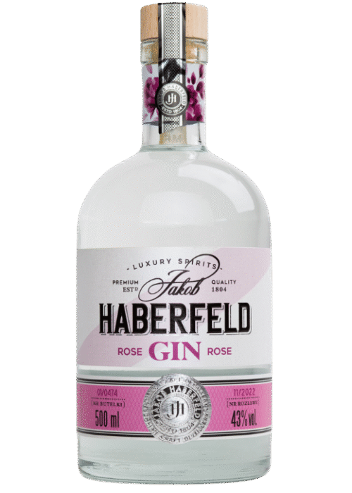 Butelka Jakob Haberfeld Gin Rose 43% 500ml – indyjski gin o cytrusowo-korzennym i ziołowym aromacie, z intensywnym smakiem i średnim, cytrusowo-korzennym finiszem.