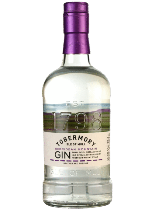 Butelka Tobermory Mountain Gin 46% 700ml – szkocki gin z Hebrydów o aromacie jałowca, świeżym i ziołowym, z pełnym, korzennym smakiem i długim, wytrawnym finiszem.