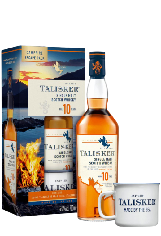 Talisker 10Yo + Kubek 0.7L 45% – szkocka whisky single malt z wyspy Skye o torfowym, dymnym charakterze, w zestawie z kolekcjonerskim kubkiem