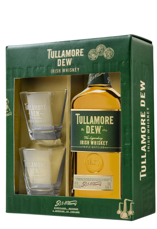 Tullamore Dew 0.7L 40% + 2 szklanki – klasyczna irlandzka whiskey o gładkim, owocowym smaku i średnim, wytrawnym finiszu, w eleganckim zestawie