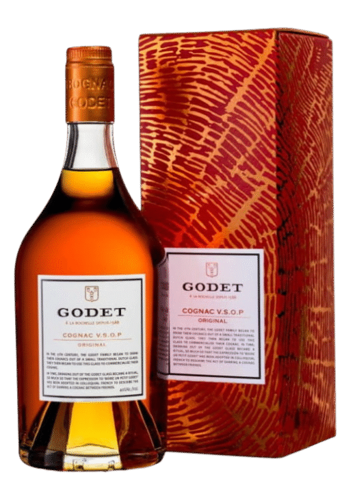 Butelka Cognac Godet VSOP 40% 700ml w pudełku – francuski koniak o dębowym, kwiatowym i owocowym aromacie, z delikatnym smakiem suszonych owoców, przypraw i nut wanilii oraz długim, gładkim i zrównoważonym finiszem.