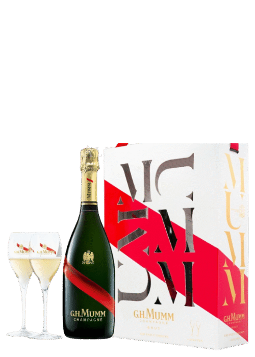 Butelka G.H. Mumm Champagne Cordon Rouge 0,75L z dwoma eleganckimi kieliszkami – wytrawny, musujący szampan o aromacie cytrusów, drożdży i jabłek