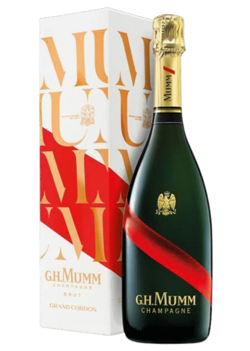 Butelka G.H. Mumm Champagne Grand Cordon 0,75L w eleganckim kartoniku – wytrawny, musujący szampan o aromacie cytrusów, drożdży i jabłek