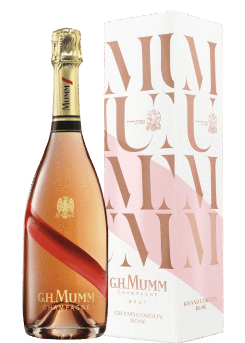 Butelka G.H. Mumm Champagne Grand Cordon Rosé 0,7L w eleganckim kartoniku – wytrawny różowy szampan o aromatach czerwonych owoców, drożdży i kwiatów