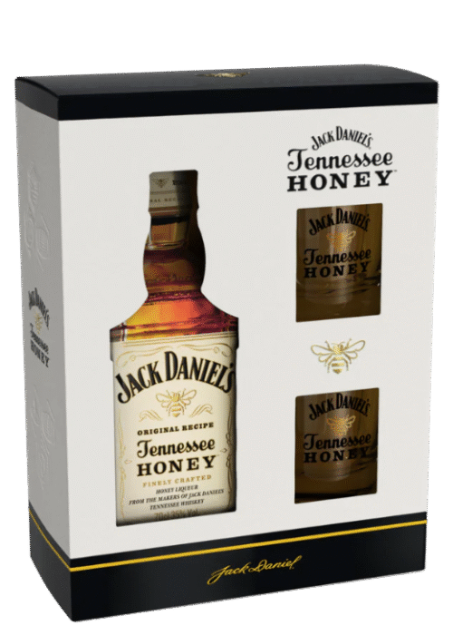 Butelka Jack Daniel's Honey 0.7L z eleganckim opakowaniem i dwoma szklankami – amerykański likier na bazie słynnej Tennessee Whiskey z dodatkiem miodu