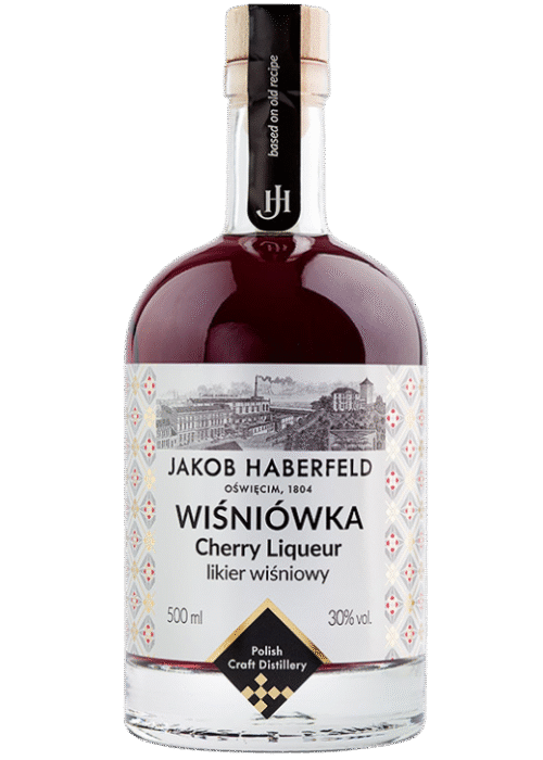Butelka Jakob Haberfeld Wiśniówka 0.5L – polski likier owocowy o intensywnym, słodkim i wiśniowym aromacie, w eleganckiej butelce