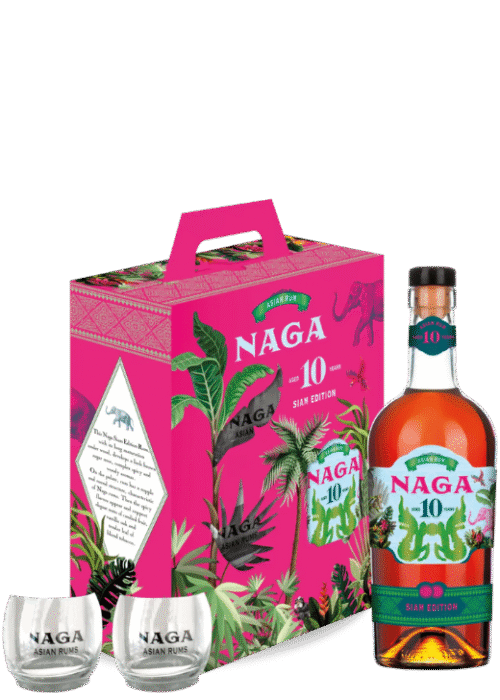 Butelka Naga Siam 10 Yo 0,7L – tajski rum premium starzony 10 lat, z dwoma eleganckimi szklankami, o dębowo-korzennym aromacie i pikantnym finiszu
