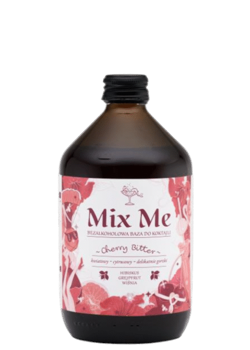 Butelka Mix Me Cherry Bitter 0,5L – bezalkoholowy napój z Polski o intensywnym aromacie wiśni, cytrusów i kwiatów, z delikatnie gorzkim, orzeźwiającym finiszem
