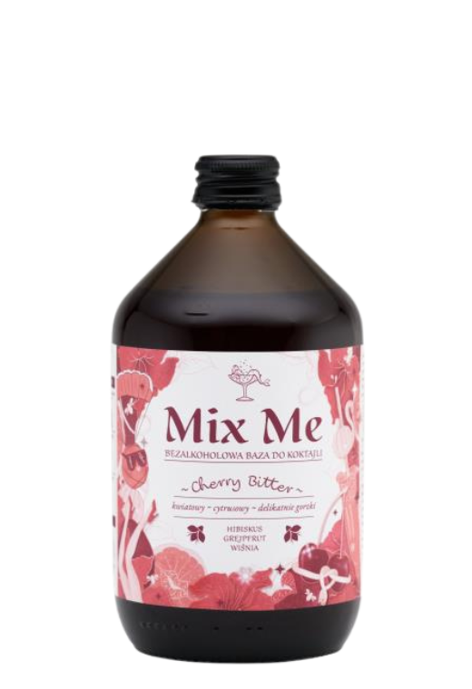 Butelka Mix Me Cherry Bitter 0,5L – bezalkoholowy napój z Polski o intensywnym aromacie wiśni, cytrusów i kwiatów, z delikatnie gorzkim, orzeźwiającym finiszem