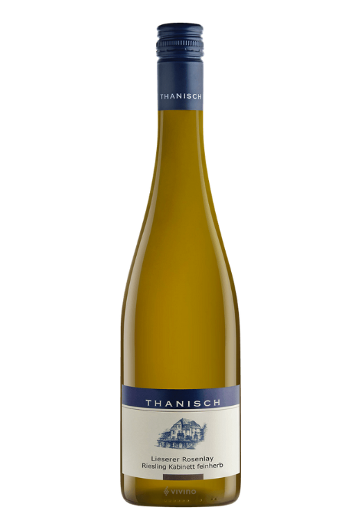 Butelka Thanisch Lieserer Rosenlay Riesling Kabinett Trocken 0,75L – wytrawne niemieckie wino białe z regionu Mosel o aromacie ananasa, cytrusów i jabłek, cytrusowym, ziołowym smaku i rześkim finiszu