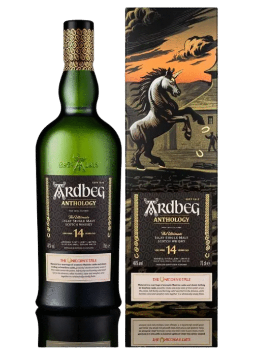 Butelka Ardbeg 14YO Anthology 0,7L – szkocka whisky z Islay o torfowo-czekoladowym aromacie, dojrzewająca przez 14 lat, z nutami czerwonych owoców i kakao, w eleganckim kartoniku.