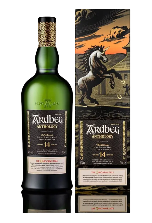 Butelka Ardbeg 14YO Anthology 0,7L – szkocka whisky z Islay o torfowo-czekoladowym aromacie, dojrzewająca przez 14 lat, z nutami czerwonych owoców i kakao, w eleganckim kartoniku.