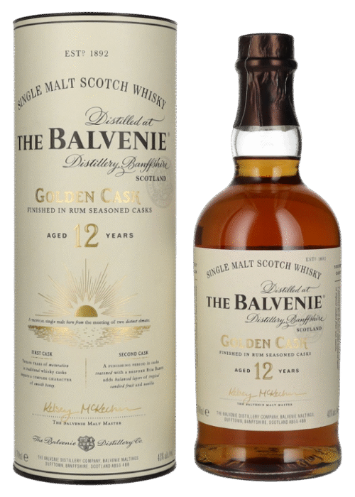 Butelka Balvenie 12YO Golden Cask 0,7L – szkocka whisky single malt ze Speyside finiszowana w beczkach po karaibskim rumie, o aromacie owoców, dębu i wanilii.