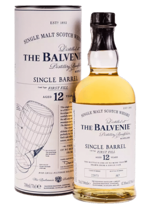Butelka Balvenie Single Barrel 12YO 0,7L – szkocka whisky single malt ze Speyside, dojrzewająca w beczkach po bourbonie first fill, o aromacie wanilii, karmelu i drewna.
