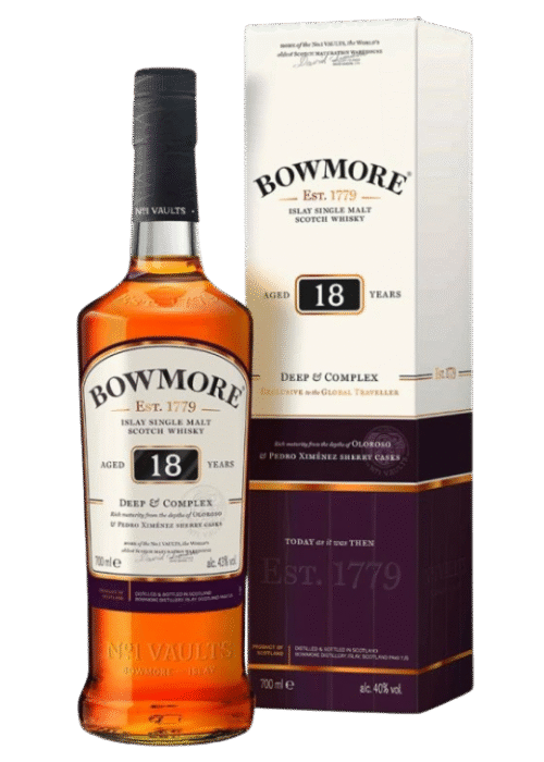 Butelka Bowmore 18YO 0,7L – 18-letnia whisky single malt z Islay, z nutami miodu, wanilii i torfu, dojrzewająca w beczkach po sherry i bourbonie.