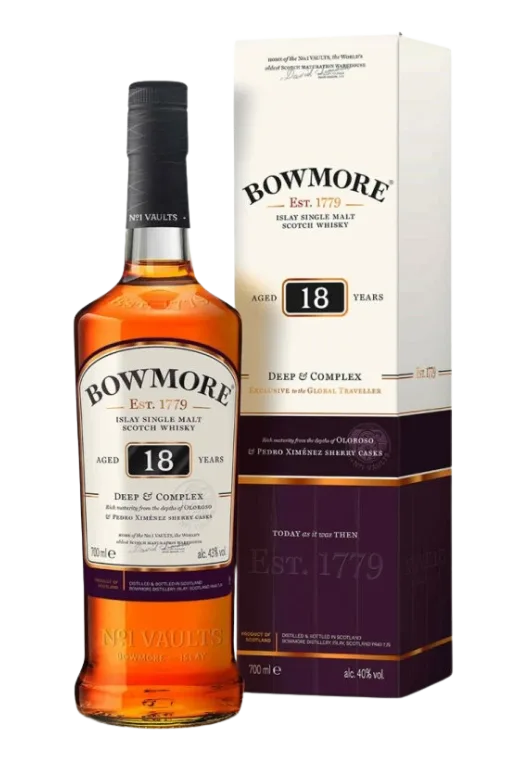 Butelka Bowmore 18YO 0,7L – 18-letnia whisky single malt z Islay, z nutami miodu, wanilii i torfu, dojrzewająca w beczkach po sherry i bourbonie.