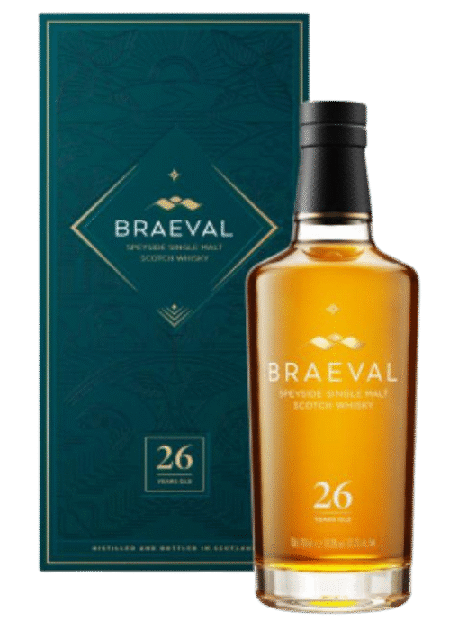 Butelka Braeval 26YO 0,7L – szkocka whisky single malt z regionu Speyside o tropikalnym, owocowym charakterze, zamknięta w eleganckim boxie