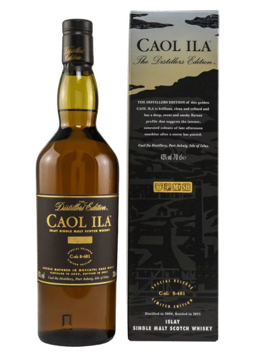 Butelka Caol Ila Moscatel Finish 0,7L – torfowa whisky z Islay finiszowana w beczkach po winie Moscatel, z nutami słodu, owoców i dymu.