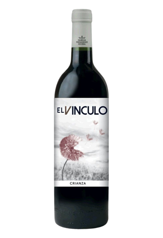 Butelka czerwonego wina El Vínculo Crianza 0,75L – hiszpańskie wytrawne wino z regionu La Mancha o aromacie ciemnych owoców i wanilii.