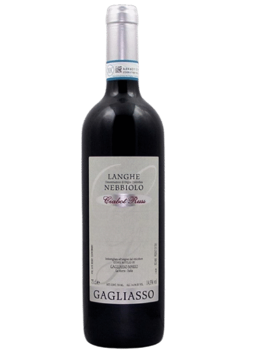 Butelka Gagliasso Langhe Nebbiolo Ciabot Russ 0,75L – eleganckie wytrawne czerwone wino z Piemontu o aromacie fiołków, przypraw i wiśni.