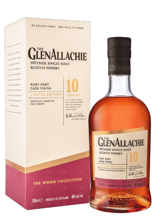 Butelka whisky GlenAllachie 10YO Ruby Port Wood 0,7L – szkocka single malt z dojrzewaniem w beczkach po porto, o owocowo-przyprawowym profilu smakowym