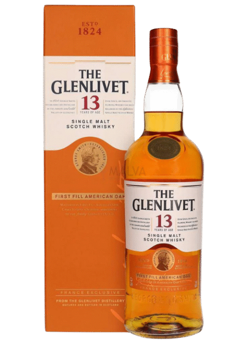 Butelka Glenlivet 13YO First Fill American Oak 0,7L – szkocka whisky single malt z regionu Speyside, dojrzewająca w beczkach po bourbonie, z nutami jabłek, kokosa i wanilii.