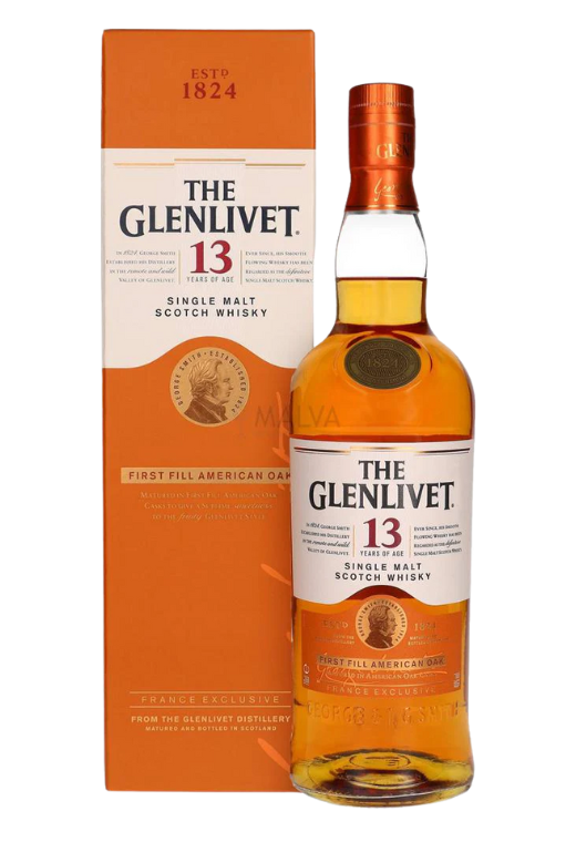 Butelka Glenlivet 13YO First Fill American Oak 0,7L – szkocka whisky single malt z regionu Speyside, dojrzewająca w beczkach po bourbonie, z nutami jabłek, kokosa i wanilii.