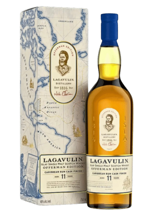 Butelka Lagavulin 11YO Offerman Edition DSR2024 0,7L – limitowana torfowa whisky z Islay, z nutami dymu, wanilii i przypraw, zamknięta w eleganckim kartoniku.