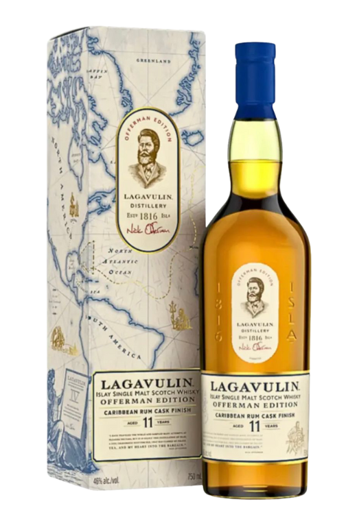 Butelka Lagavulin 11YO Offerman Edition DSR2024 0,7L – limitowana torfowa whisky z Islay, z nutami dymu, wanilii i przypraw, zamknięta w eleganckim kartoniku.