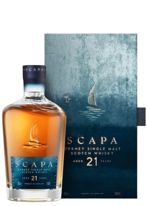 Butelka Scapa 21YO 0,7L – szkocka whisky single malt z Orkadów o owocowo-torfowym aromacie, pieprznym smaku i intensywnym, rozgrzewającym finiszu.