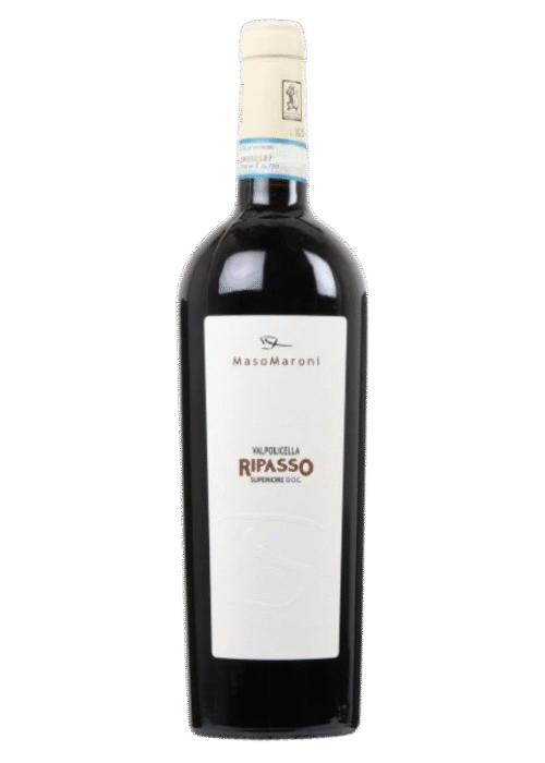 Butelka wina Maso Maroni Valpolicella Ripasso Superiore DOC 0,75L – wytrawne czerwone wino z Wenecji Euganejskiej o nutach śliwek, przypraw i wiśni.