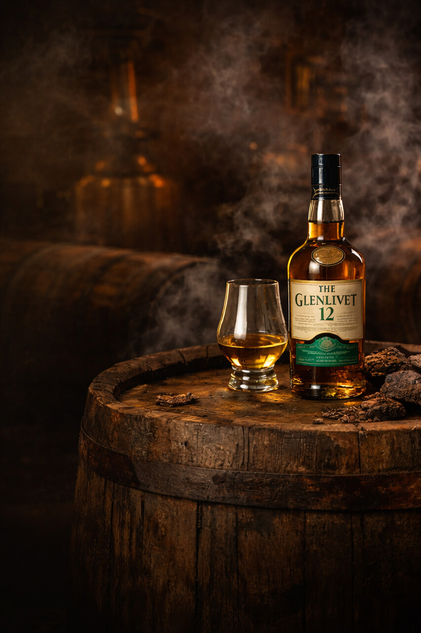 Whisky single malt – butelka i kieliszek w klimacie beczek dębowych