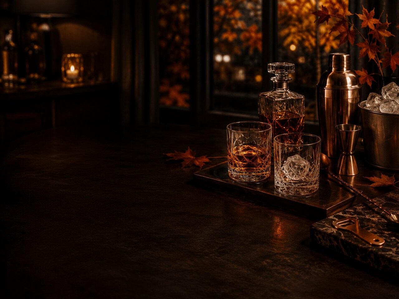 Akcesoria do drinków i whisky na pierwszy dzień jesieni